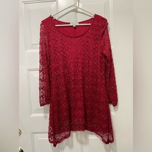 Vintage Fashion Red Lace Stretch Long Shirt Blouse Top Tunic Dress Lined Medium